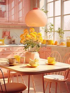 厨房餐桌插画图片_3D空间阳光温暖厨房19