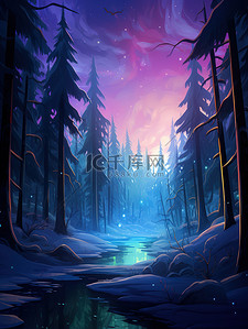 冬季风格插画图片_北极光冬季森林皮克斯风格8
