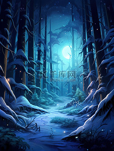 冬季风格插画图片_北极光冬季森林皮克斯风格7