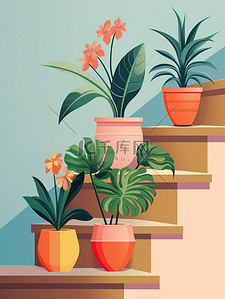绿植盆栽插画图片_楼梯的绿植花盆植物16