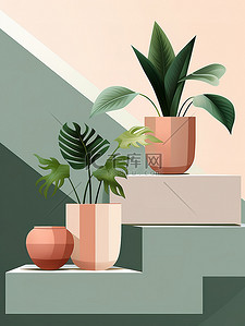 绿植盆栽插画图片_楼梯的绿植花盆植物3