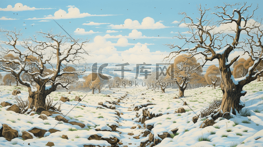 冰天雪地风景图插画图片_蓝色卡通感冬季唯美雪景插图5