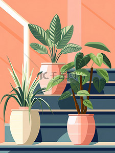 绿植盆栽插画图片_楼梯的绿植花盆植物11