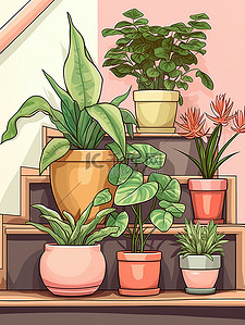 绿植盆栽插画图片_楼梯的绿植花盆植物14