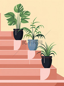 绿植盆栽插画图片_楼梯的绿植花盆植物24