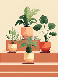 绿植盆栽插画图片_楼梯的绿植花盆植物20