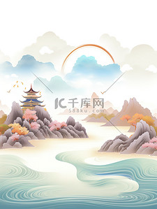 中国风数字2插画图片_中国风山水画群山祥云河流2