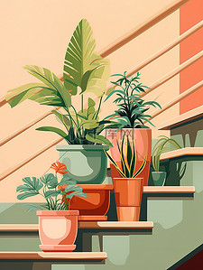 绿植盆栽插画图片_楼梯的绿植花盆植物2