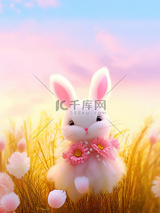 兔子粉色插画图片_可爱小兔子在花朵丛中16