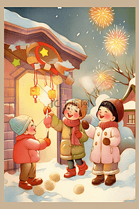 新年可爱的孩子堆雪人手绘元素放烟花