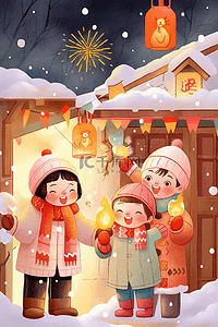 手绘表情好插画图片_新年可爱的孩子堆雪人手绘放烟花元素