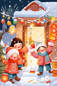 新年手绘可爱的孩子堆雪人放烟花元素