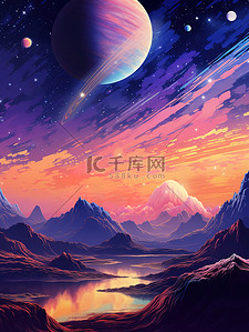 土星插画图片_紫色土星月亮星星幻想场景4