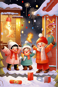 手绘表情好插画图片_新年可爱的孩子手绘堆雪人放烟花元素