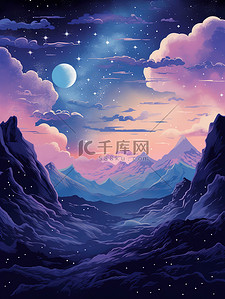 土星插画图片_紫色土星月亮星星幻想场景3
