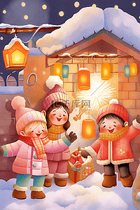 手绘表情好插画图片_手绘元素新年可爱的孩子堆雪人放烟花