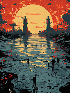 污染插画图片_排放海洋的核污染水16