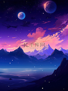 土星插画图片_紫色土星月亮星星幻想场景16