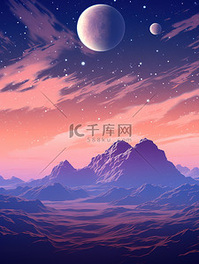 土星插画图片_紫色土星月亮星星幻想场景12