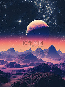 土星插画图片_紫色土星月亮星星幻想场景7