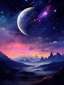 土星插画图片_紫色土星月亮星星幻想场景17