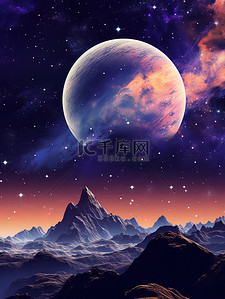 土星插画图片_紫色土星月亮星星幻想场景8