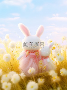 兔子粉色插画图片_可爱小兔子在花朵丛中1