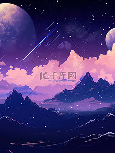 土星插画图片_紫色土星月亮星星幻想场景6