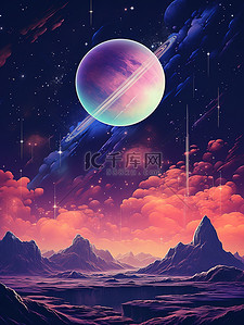 紫色土星月亮星星幻想场景9