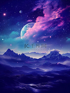 土星插画图片_紫色土星月亮星星幻想场景13