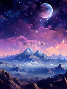 土星插画图片_紫色土星月亮星星幻想场景14