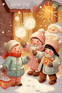 手绘表情好插画图片_可爱的孩子堆雪人放烟花手绘元素新年