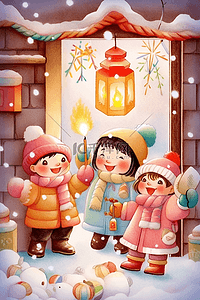 手绘表情好插画图片_新年可爱的孩子堆雪人放烟花元素手绘