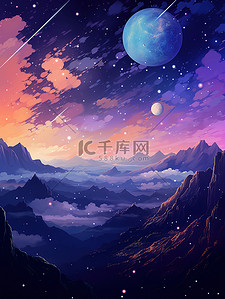 紫色土星月亮星星幻想场景10