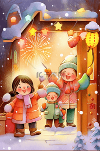 穿着棉衣插画图片_新年可爱的孩子堆雪人元素放烟花手绘