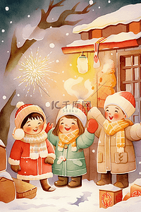 手绘表情好插画图片_新年可爱的孩子元素堆雪人放烟花手绘