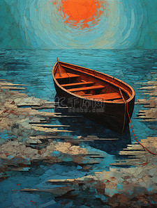 船大海插画图片_深橙色和浅蓝色孤独的船和大海8