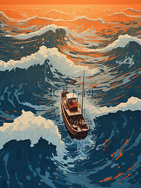 深橙色和浅蓝色孤独的船和大海19