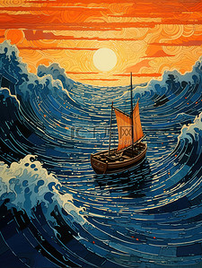 深橙色和浅蓝色孤独的船和大海5