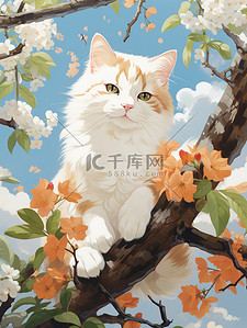 非常51嗨翻天插画图片_柿子树上一只非常快乐的猫13