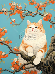 树上的蛇插画图片_柿子树上一只非常快乐的猫12