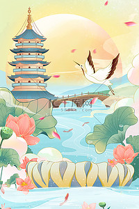 亚运会标志插画图片_杭州亚运会场馆地标城市建筑唯美插画