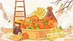 金色秋天霜降节气女孩吃柿子手绘插画