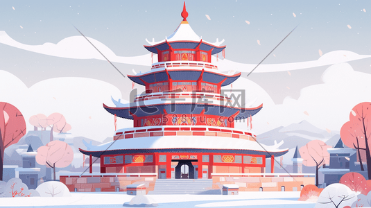 红色中国古建筑群风景插图1