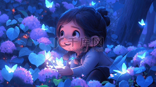 紫色的花插画图片_花丛中捕捉萤火虫的小女孩插画9