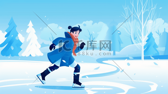 冰雪插画图片_冰雪湖面滑旱冰的小女孩插画20