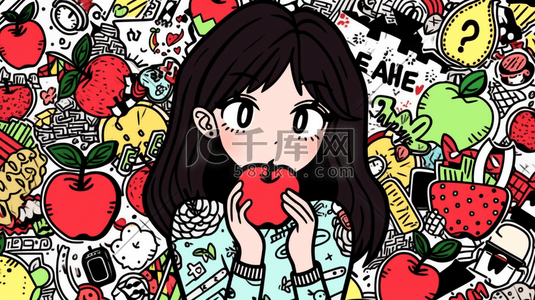 卡通吃水果插画图片_吃水果的女孩手绘插画16