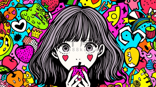 吃水果的女孩手绘插画7