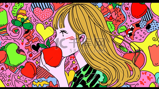 卡通女孩平面插画图片_吃水果的女孩手绘插画8