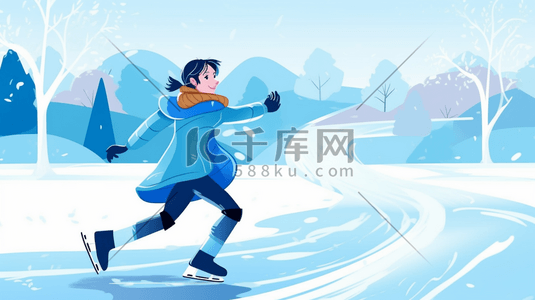 冰雪插画图片_冰雪湖面滑旱冰的小女孩插画9